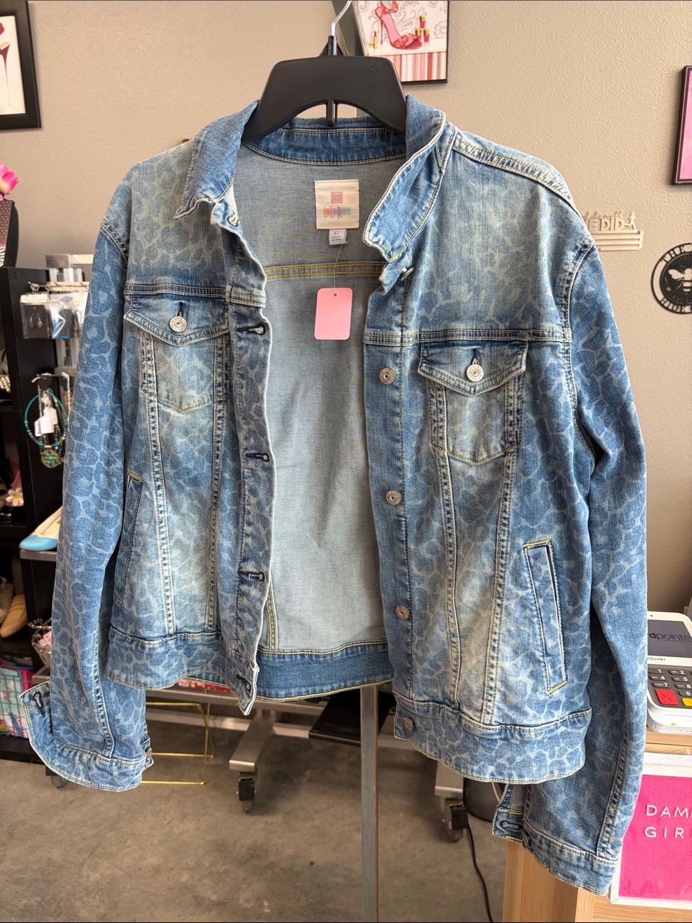 LuLaRoe Light Blue Denim Jacket with Subtle Leopard Print